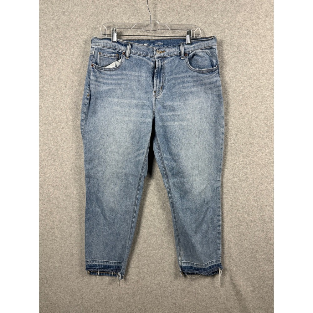 Old Navy Boyfriend Jeans Womens 12 Blue Mid Rise Raw Hem Tapered Leg